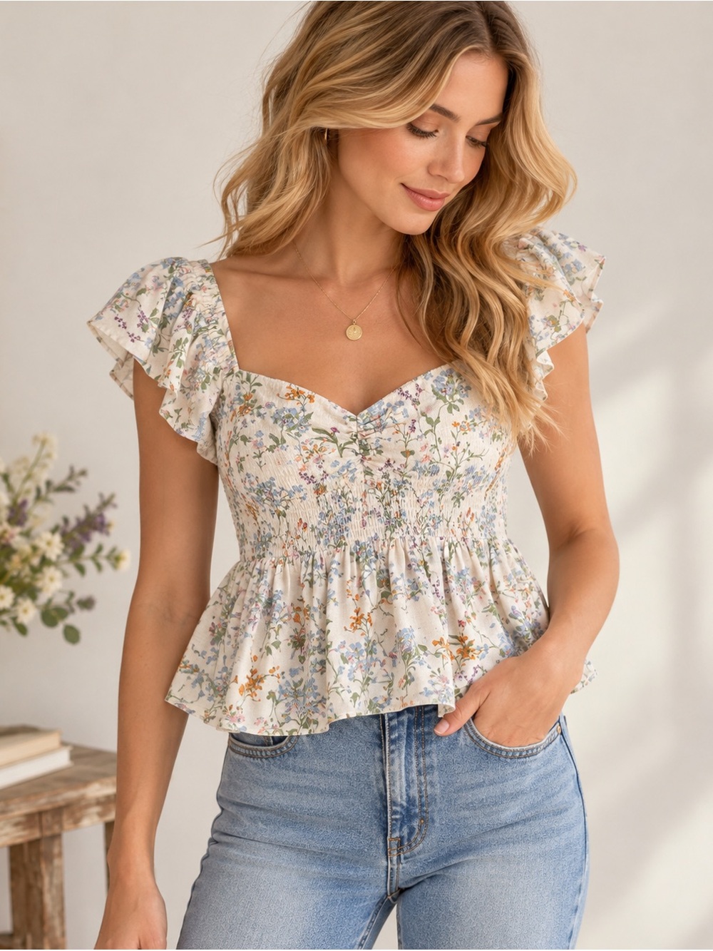 Midnight Sky Floral Cottagecore Smocked Peplum Top XS Linen Blend